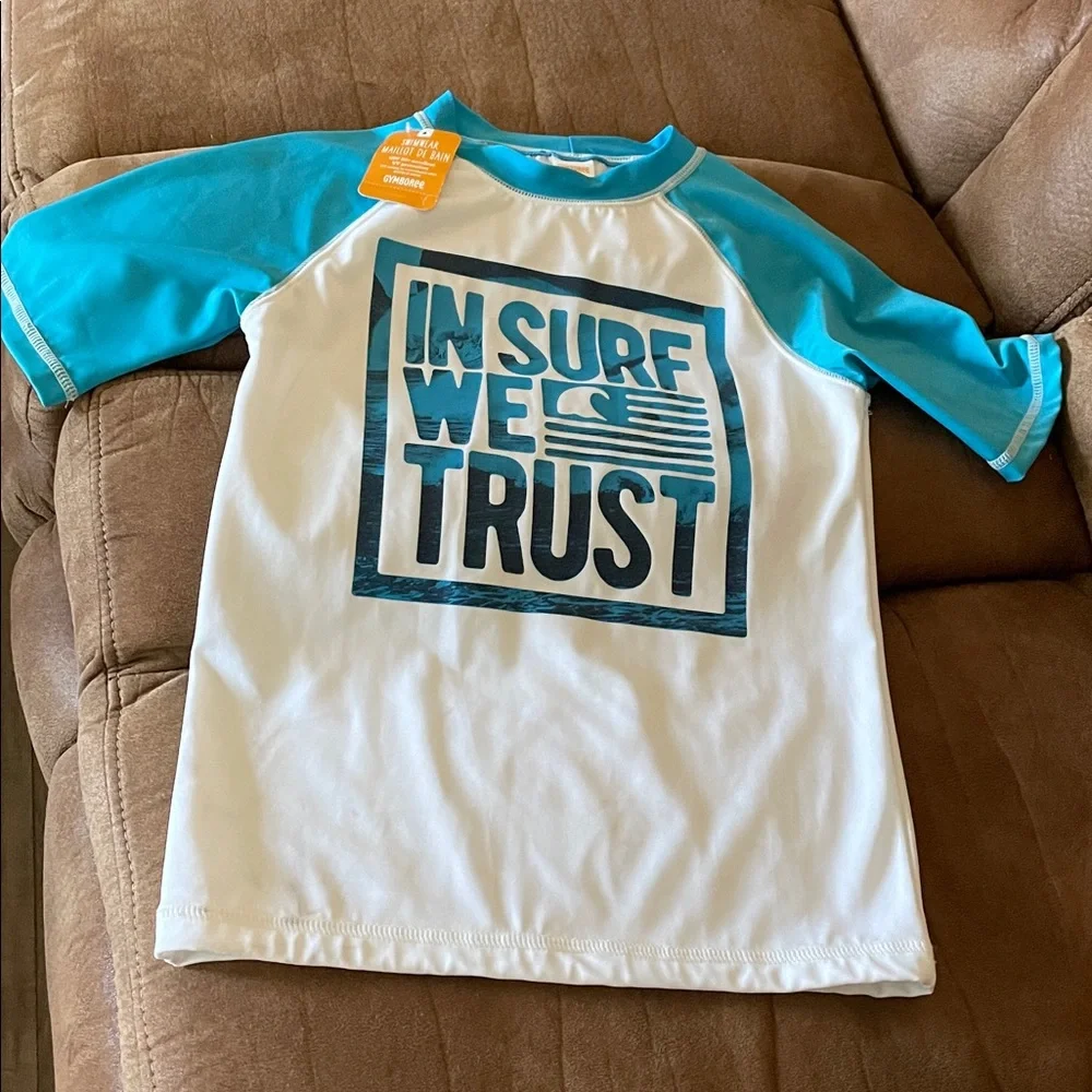 NWT Gymboree Boy White Blue In Surf We Trust Rash Guard Shirt (7-8)